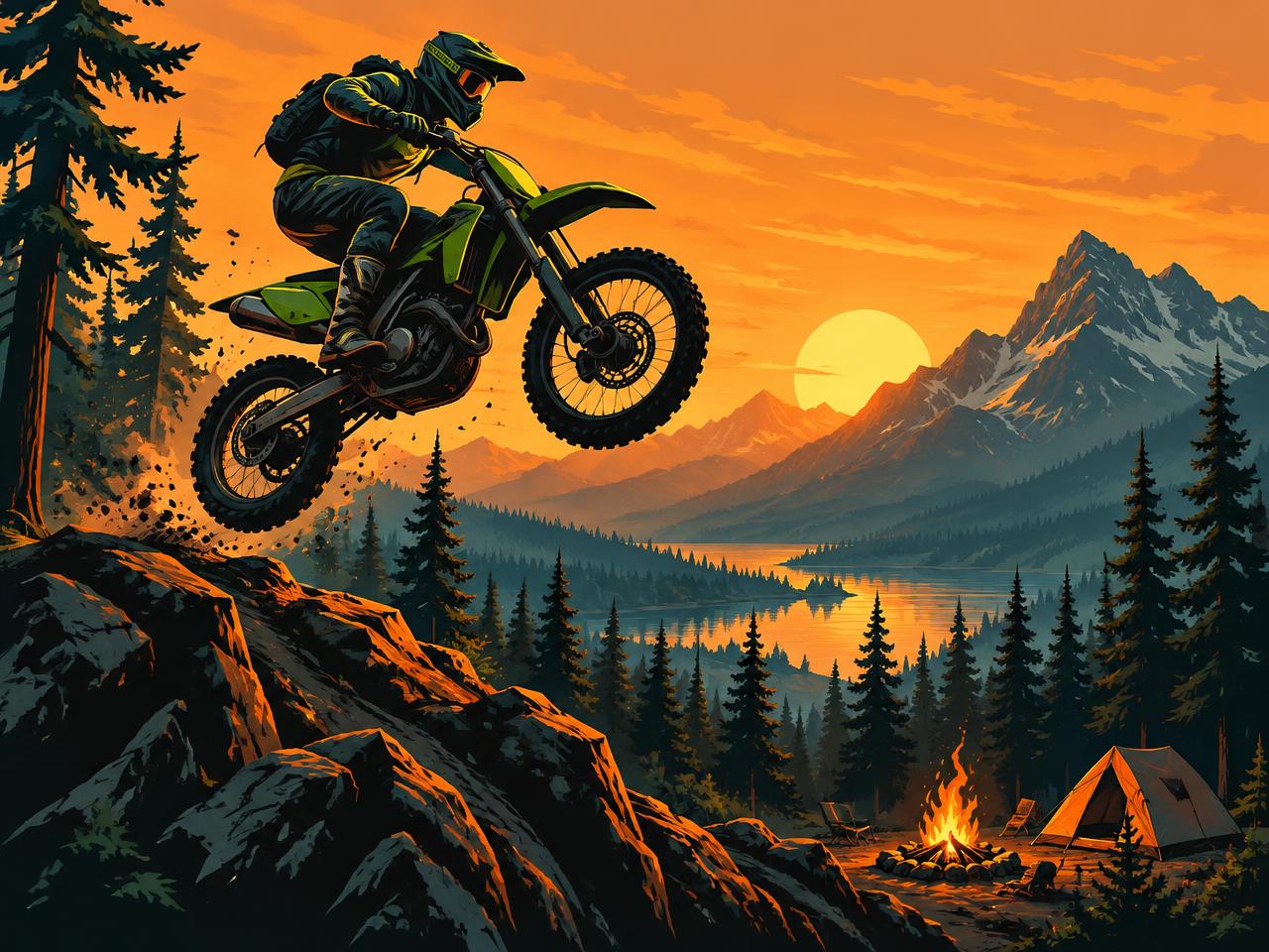 Dirt bike rider jumping a ridge above a pine forest campsite at dusk